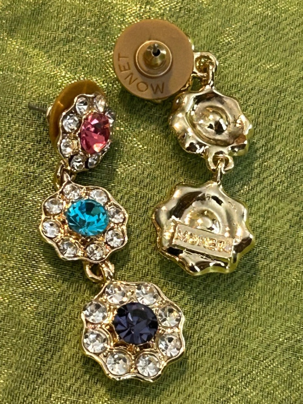 Vintage Signed Monet Multi-Color Rhinestone Gold Tone Drop Earrings - Picture 2 of 4